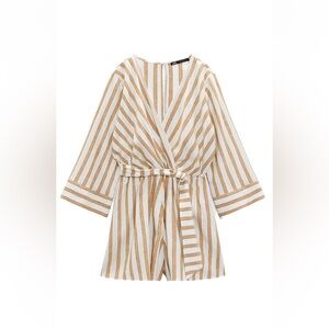 Zara Knotted Linen Blend Short Jumpsuit Brown Ecru Blue Stripe XL NWT! $50